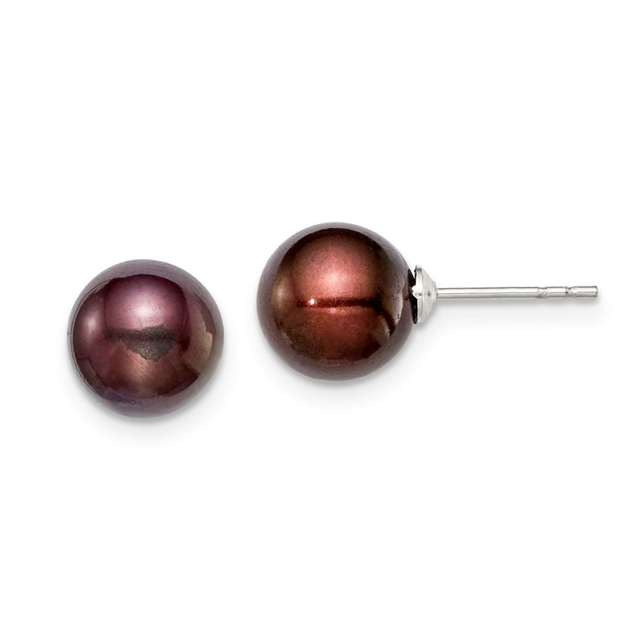 Quality Gold Sterling Silver 8-9mm Coffee FW Cultured Round Pearl Stud Earrings