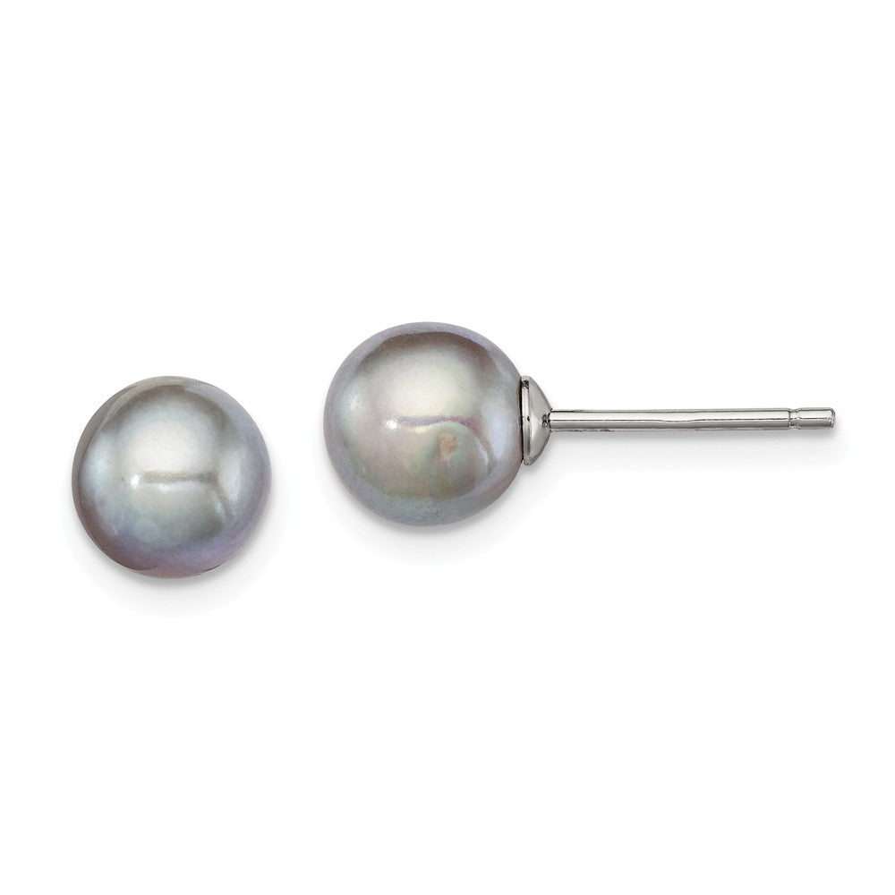 Quality Gold Sterling Silver 7-8mm Grey FW Cultured Round Pearl Stud Earrings