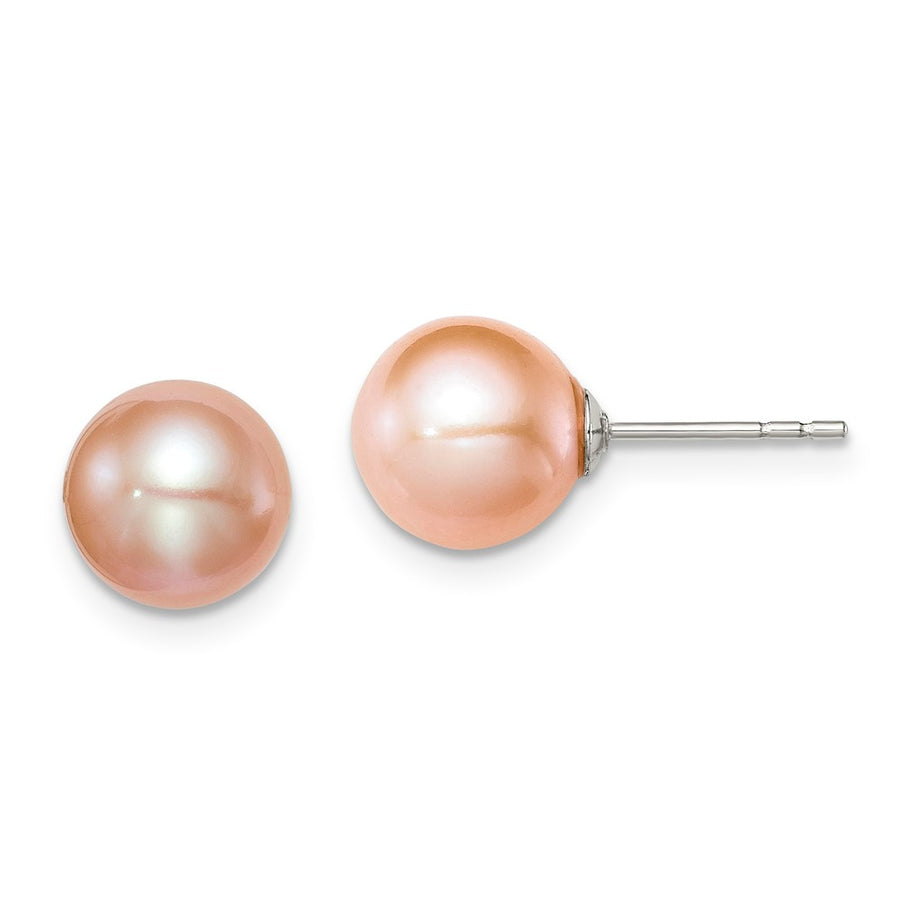 Quality Gold Sterling Silver 8-9mm Pink FW Cultured Round Pearl Stud Earrings