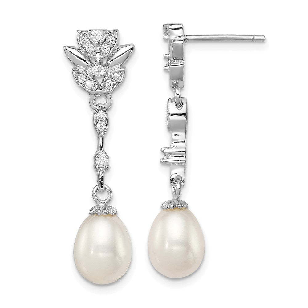 Quality Gold Sterling Silver RH 8-9mm White FWC Pearl CZ Post Dangle Earrings