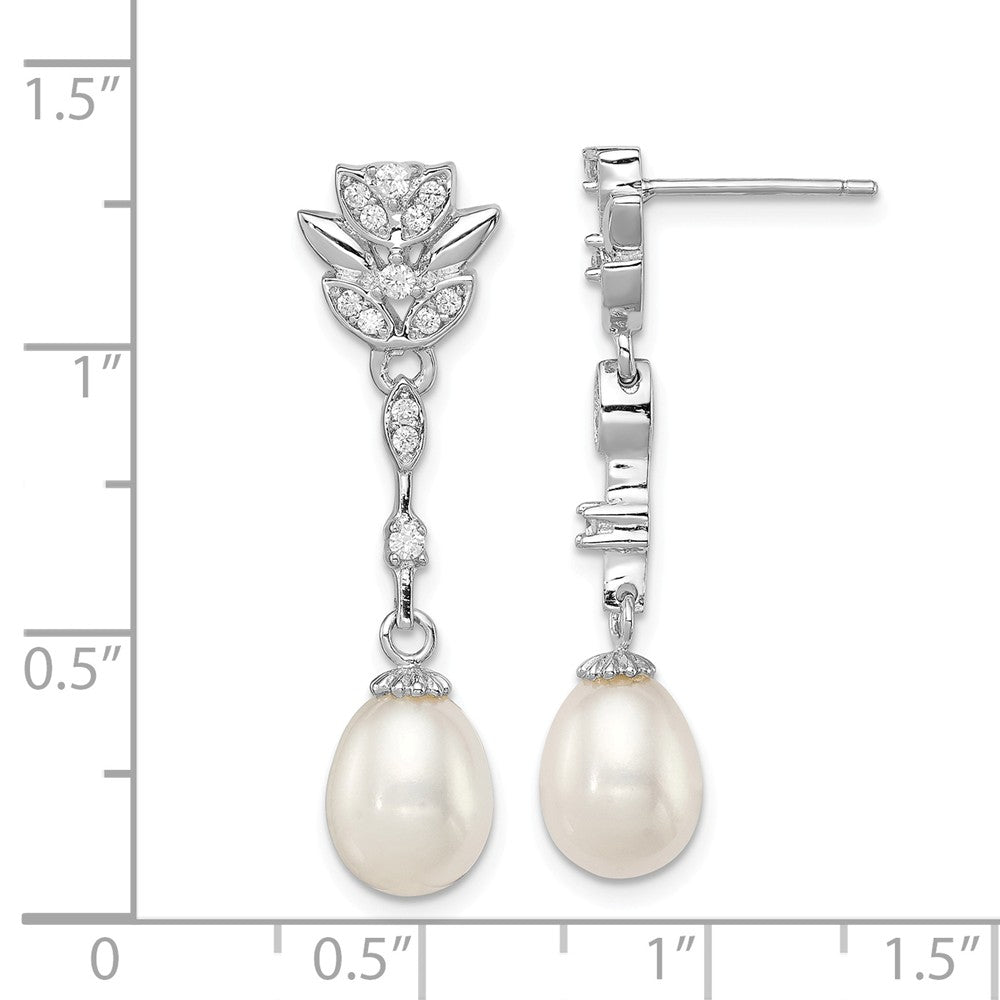 Quality Gold Sterling Silver RH 8-9mm White FWC Pearl CZ Post Dangle Earrings