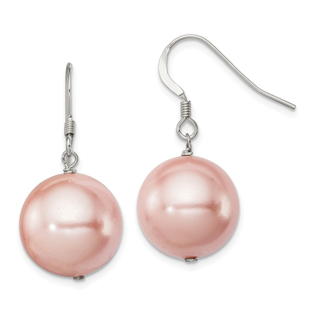 Quality Gold Sterling Silver 14-15mm Pink Shell Bead Dangle Earrings