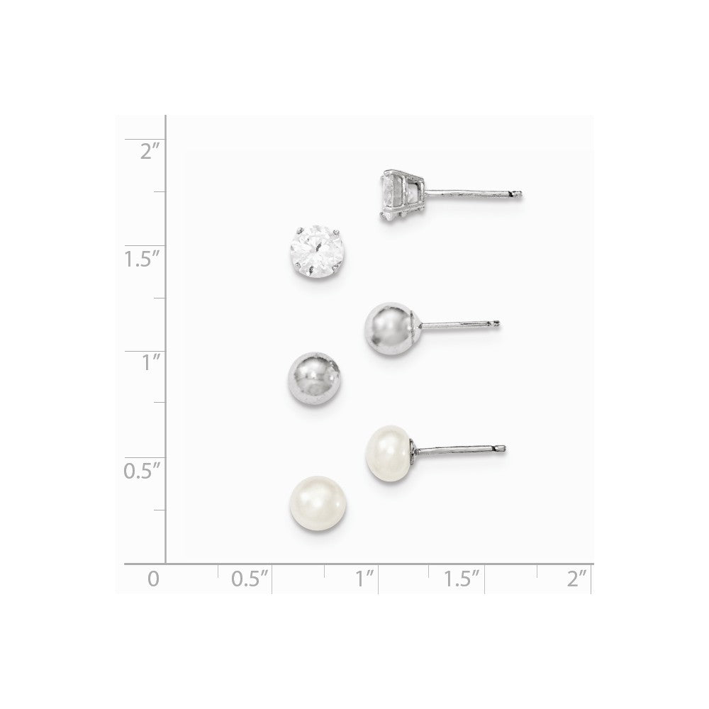 Quality Gold Sterling Silver Rhodium-plate 6mm Ball Button FWC Pearl CZ Stud Earring Set