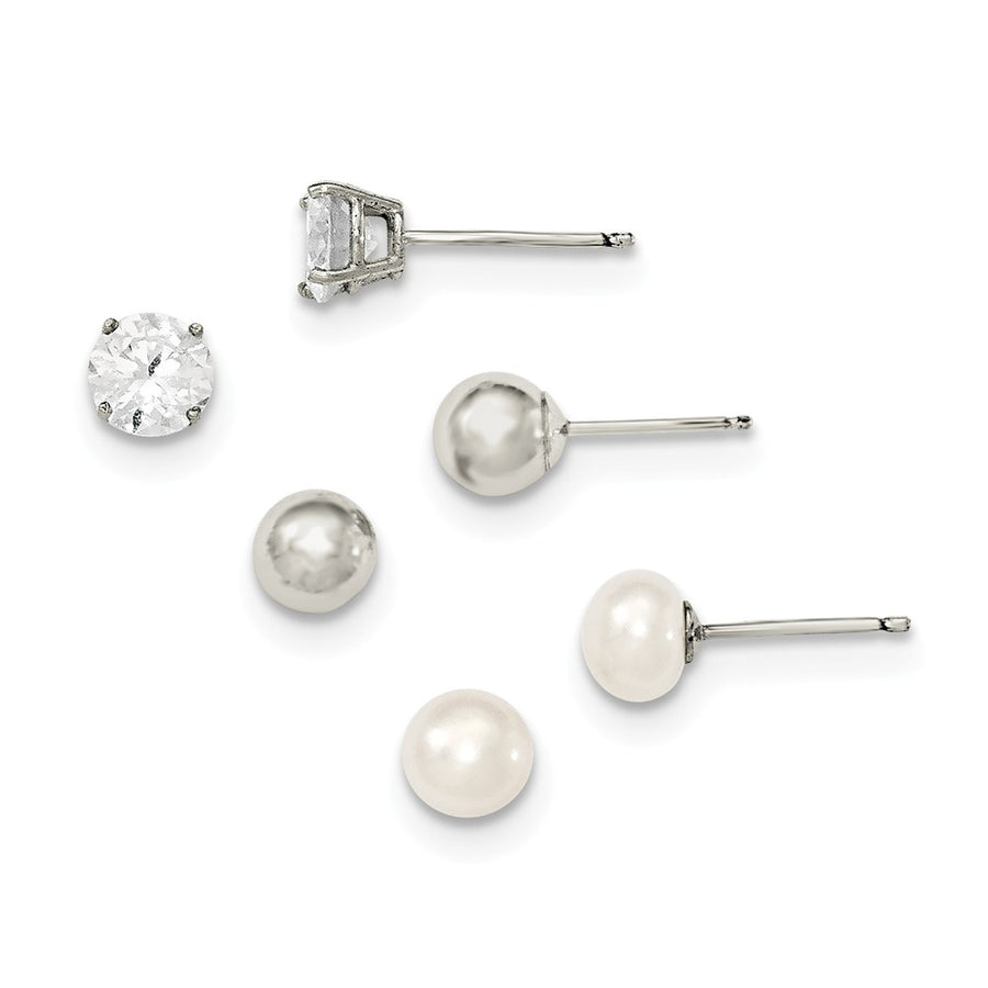 Quality Gold Sterling Silver Rhodium-plate 6mm Ball Button FWC Pearl CZ Stud Earring Set