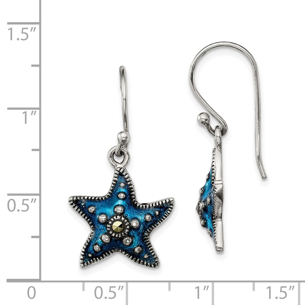 Quality Gold Sterling Silver Antiqued Blue Epoxy & Marcasite Star Dangle Earrings