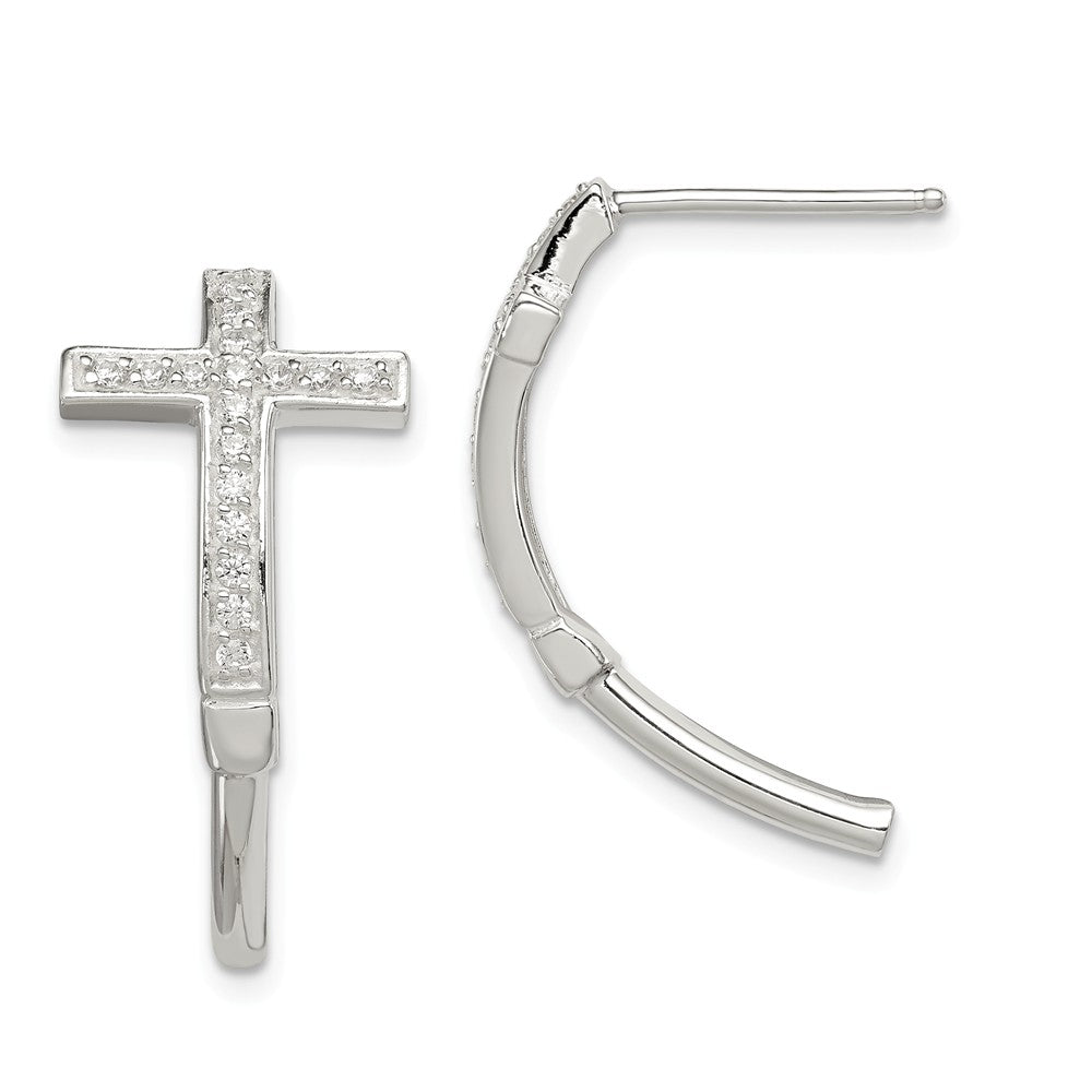 Quality Gold Sterling Silver CZ Cross J Hoop Earrings