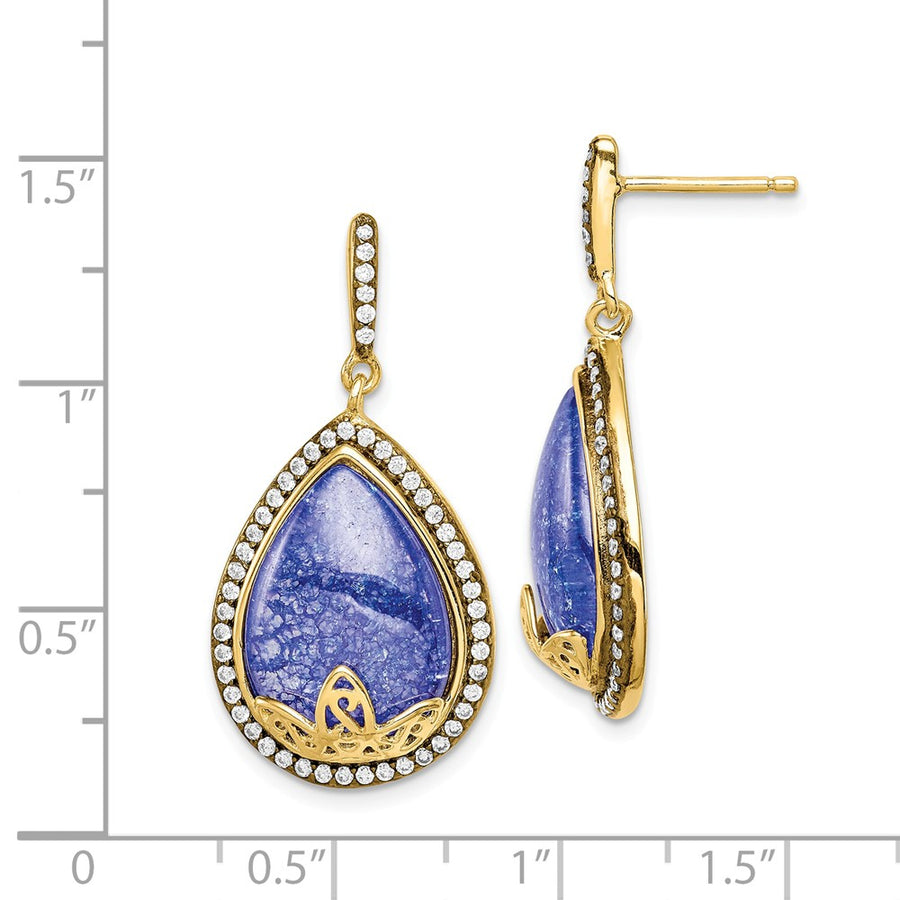 Quality Gold Sterling Silver Gold-tone CZ and Cracked Blue CZ Dangle Post Earrings