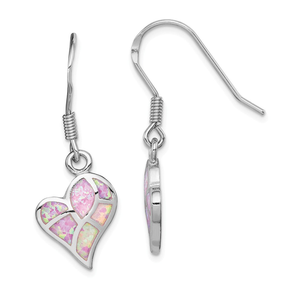 Quality Gold Sterling Silver Rhodium-plated Pink Opal Inlay Heart Dangle Earring