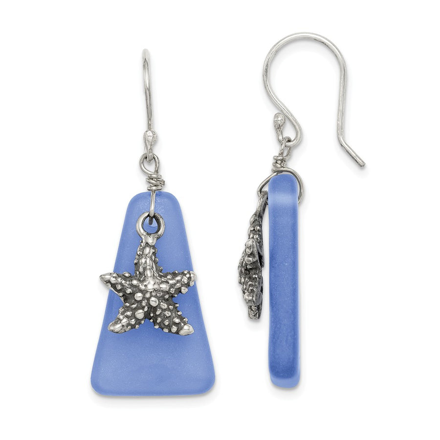 Quality Gold Sterling Silver Blue Sea Glass Starfish Dangle Earrings