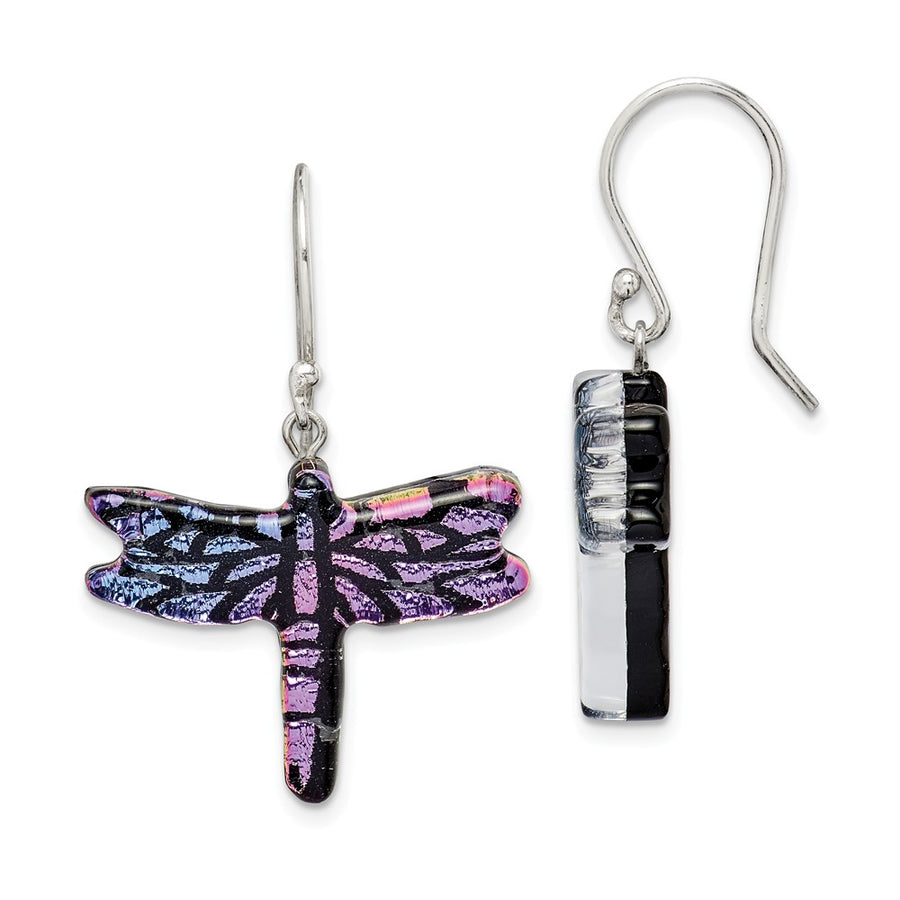 Quality Gold Sterling Silver Iridescent Glass Dragonfly Dangle Earrings