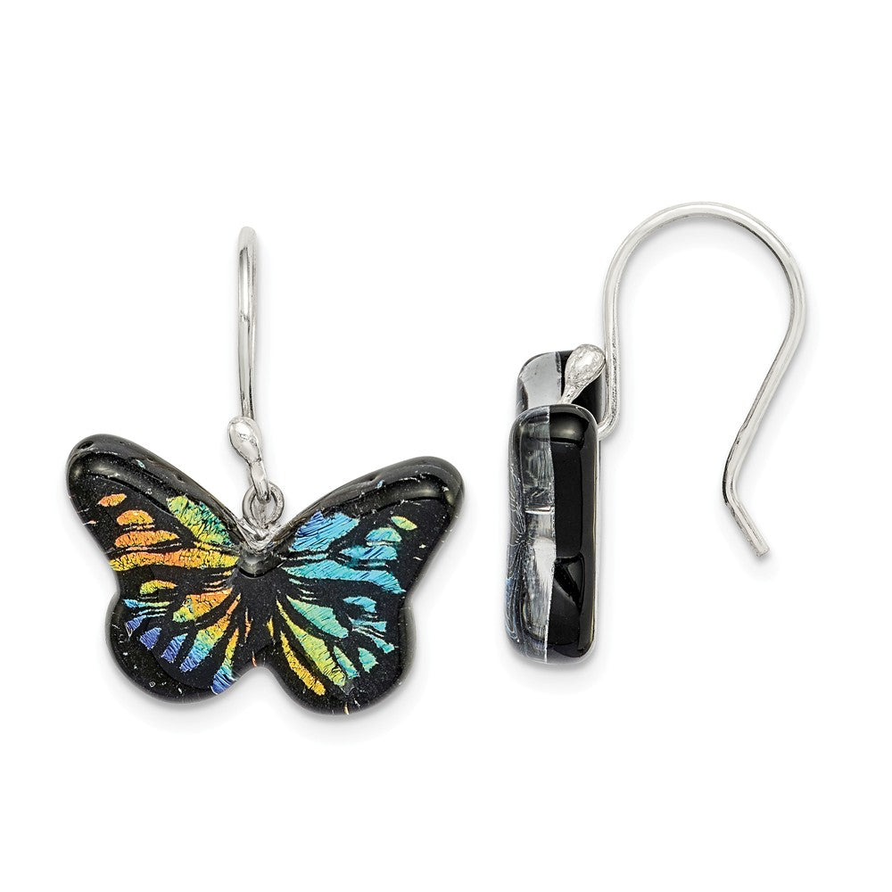 Quality Gold Sterling Silver Iridescent Glass Butterfly Dangle Earrings