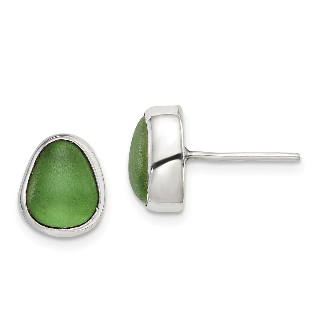 Quality Gold Sterling Silver Green Sea Glass Stud Earrings