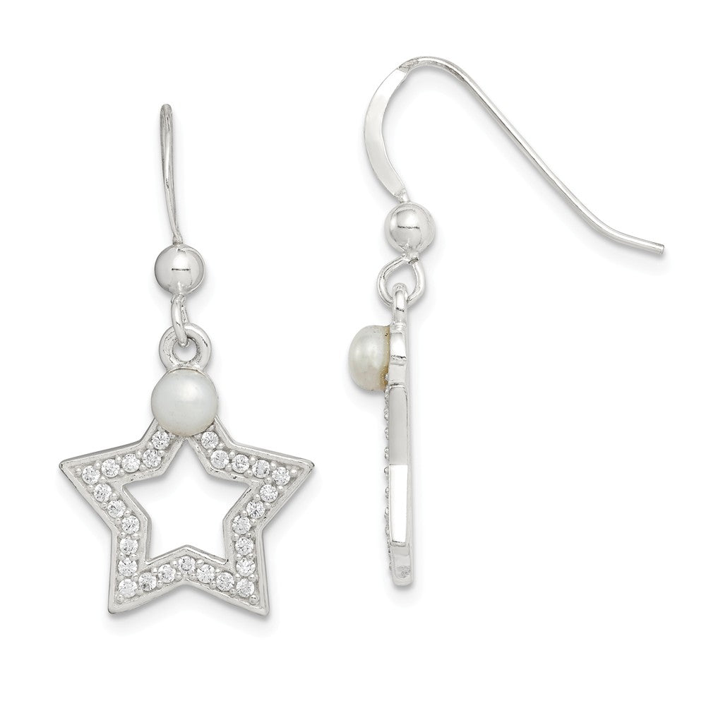 Quality Gold Sterling Silver FWC Pearl & CZ Star Dangle Earrings