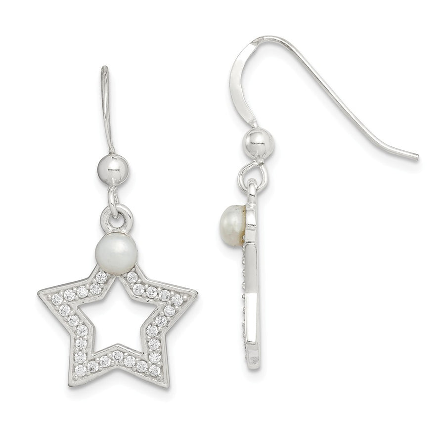 Quality Gold Sterling Silver FWC Pearl & CZ Star Dangle Earrings