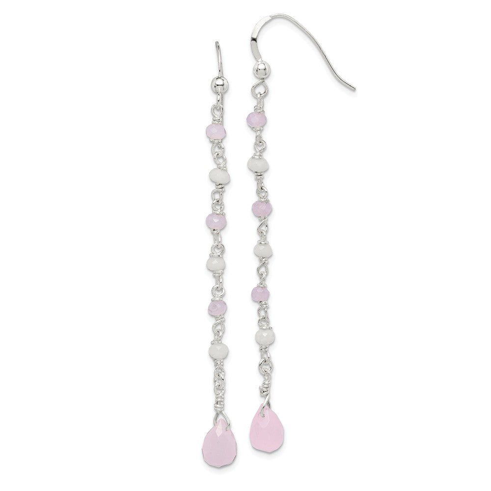 Quality Gold Sterling Silver Pink and White Glass Dangle Earrings