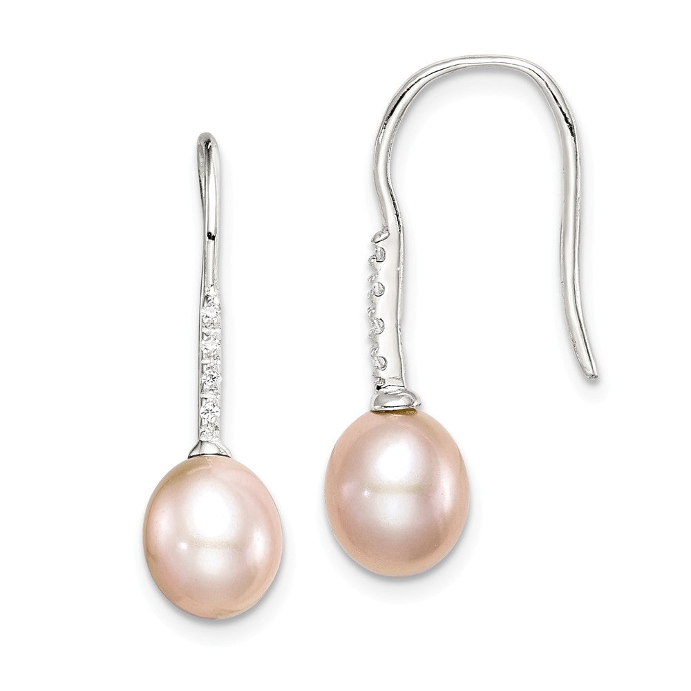 Quality Gold Sterling Silver 7-8mm Pink FWC Pearl CZ Dangle Earrings