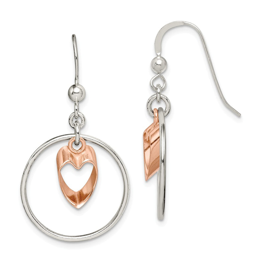 Quality Gold Sterling Silver Circle & Rose-tone Heart Dangle Earrings