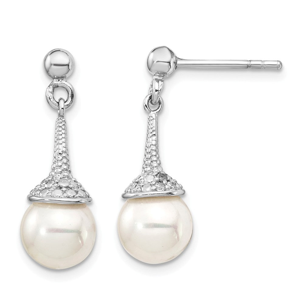 Quality Gold Sterling Silver Rh-pl Plated CZ & Imitation Shell Pearl Dangle Earrings