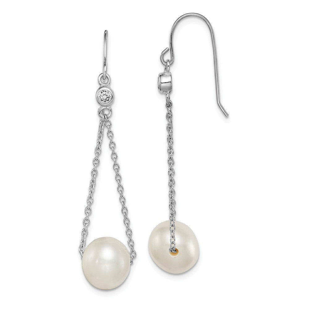 Quality Gold Sterling Silver Rhod-plat 9-10mm White FWC Pearl CZ Dangle Earrings