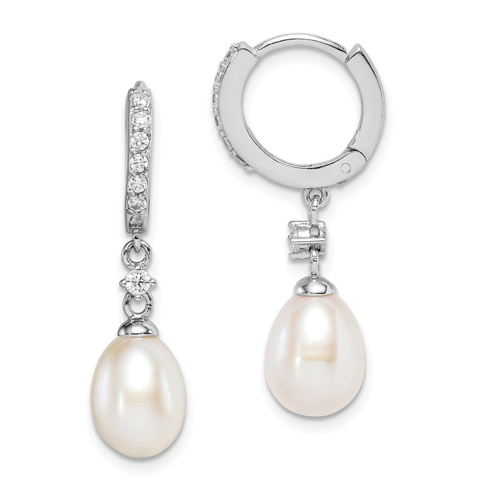 Quality Gold Sterling Silver Rhod-plat 7-8mm Rice FWC Pearl CZ Hoop Dangle Earrings