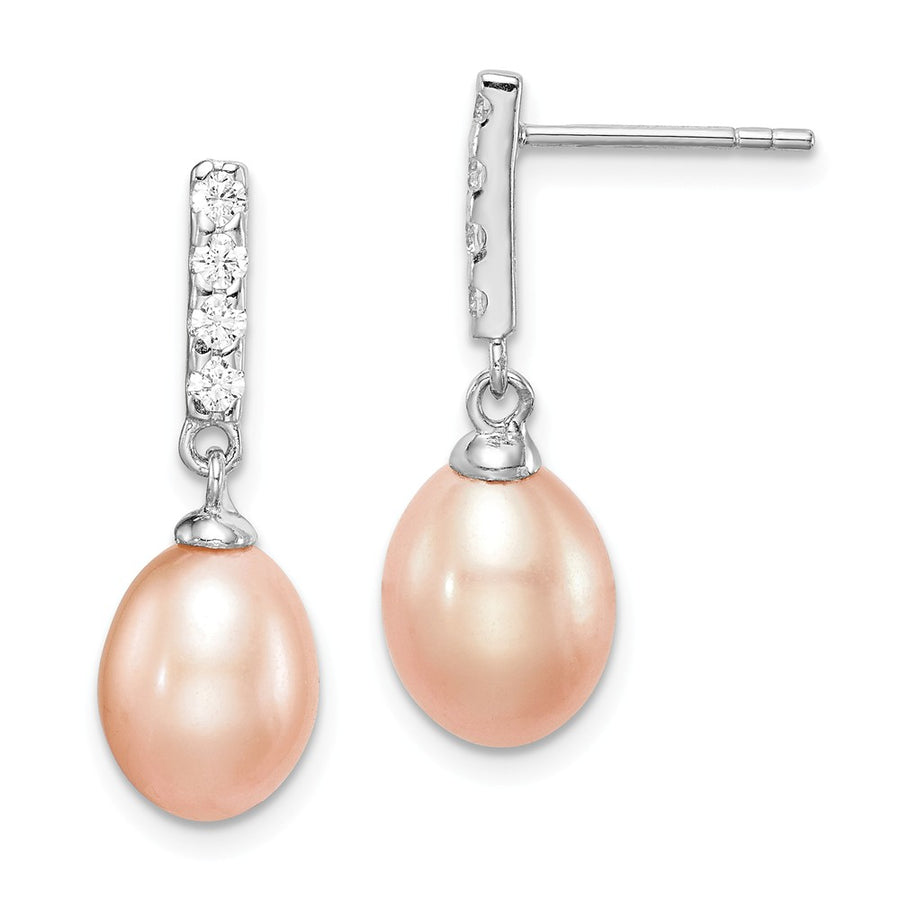 Quality Gold Sterling Silver Rhod-plat 8-9mm Pink FWC Pearl CZ Post Dangle Earrings