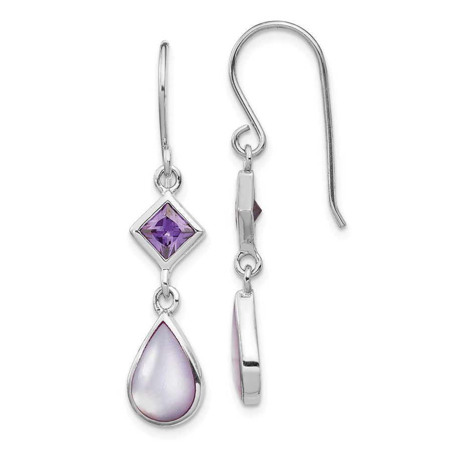 Quality Gold Sterling Silver Rhodium-plated Purple CZ and Purple MOP Dangle Earring