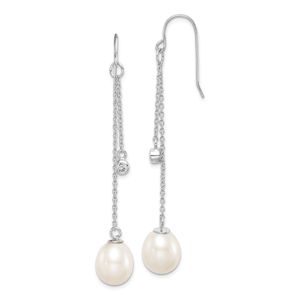 Quality Gold Sterling Silver Rhod-plat 9-10mm White Rice FWC Pearl CZ Dangle Earrings