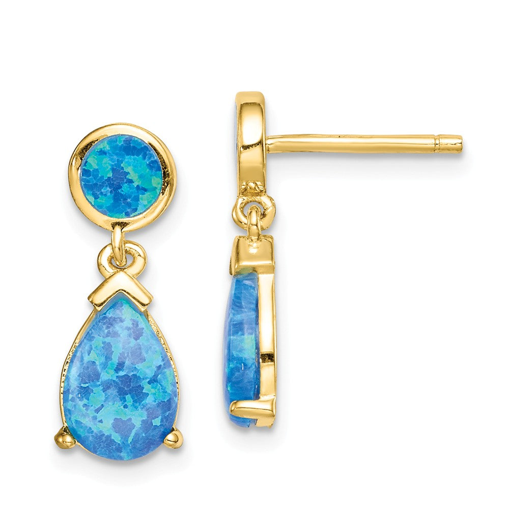 Quality Gold Sterling Silver Gold-tone Created Blue Opal Teardrop Post Dangle Earrings