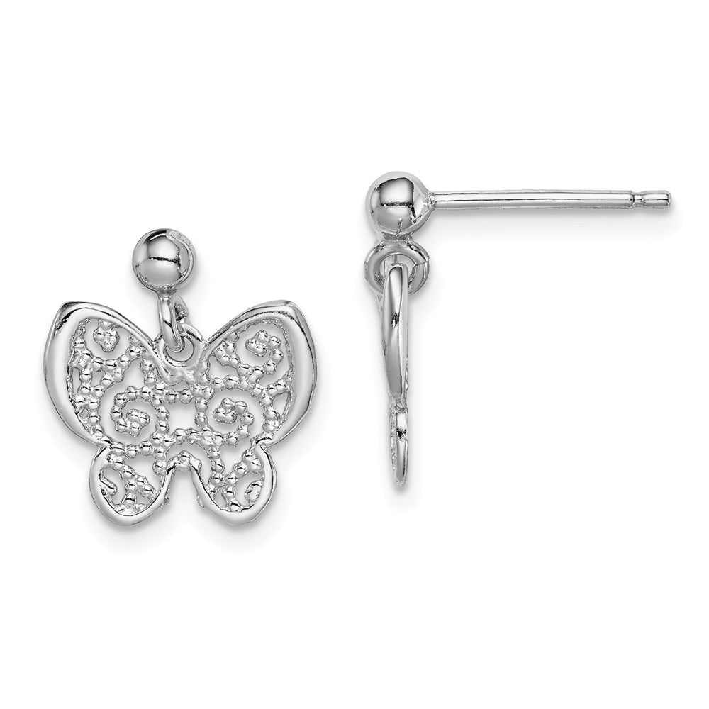 Quality Gold Sterling Silver Rhodium-plated Polished Filigree Butterfly Dangle Earring