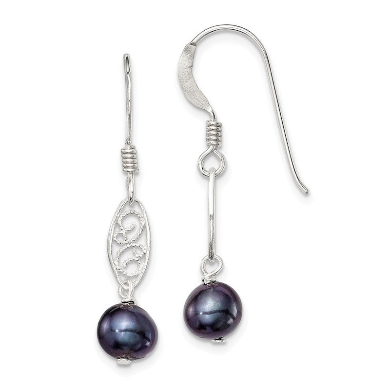 Quality Gold Sterling Silver Black FW Cultured Pearl Filigree Dangle Earrings