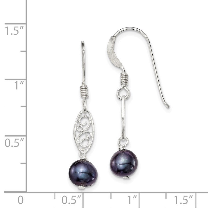 Quality Gold Sterling Silver Black FW Cultured Pearl Filigree Dangle Earrings