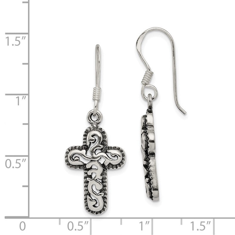 Quality Gold Sterling Silver Antique Cross Dangle Earrings