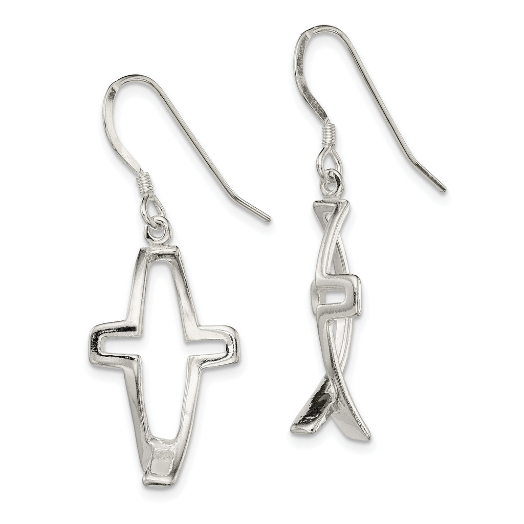 Quality Gold Sterling Silver Polished Cross Ichthus Dangle Earrings