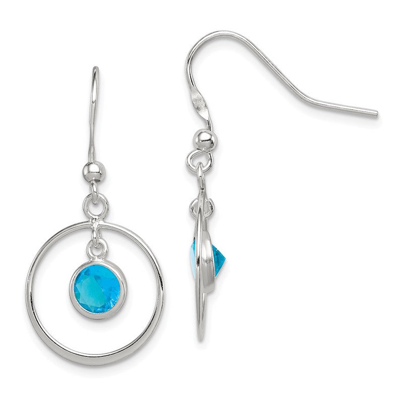 Quality Gold Sterling Silver Circle Dangle Blue CZ Earrings