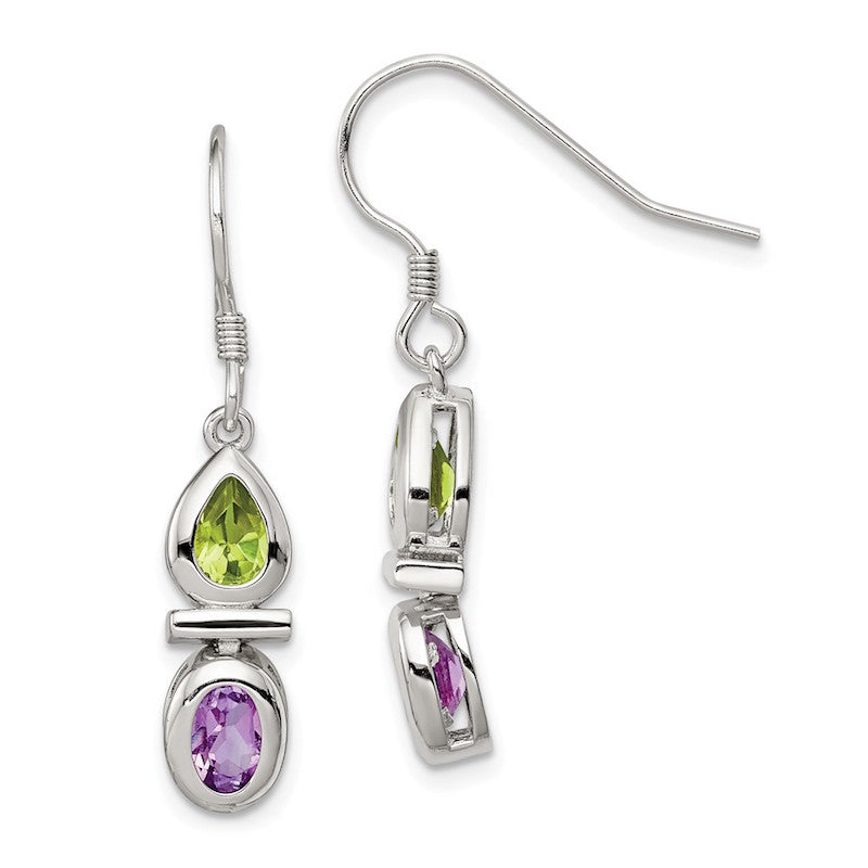 Quality Gold Sterling Silver Peridot & Amethyst Dangle Earrings