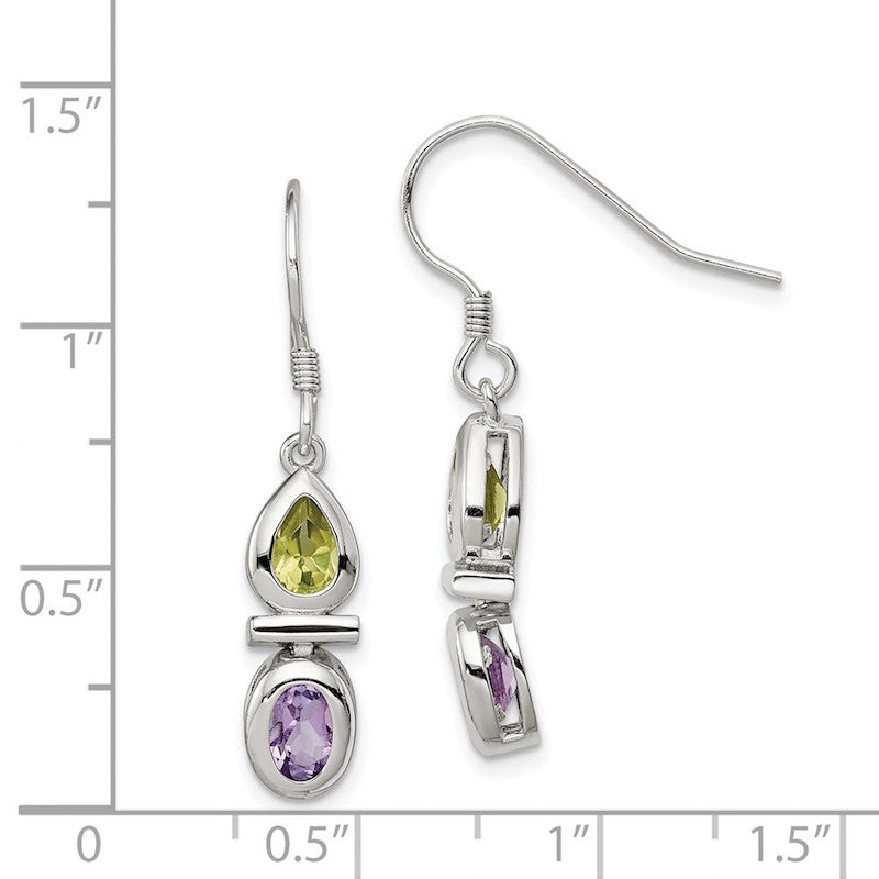 Quality Gold Sterling Silver Peridot & Amethyst Dangle Earrings