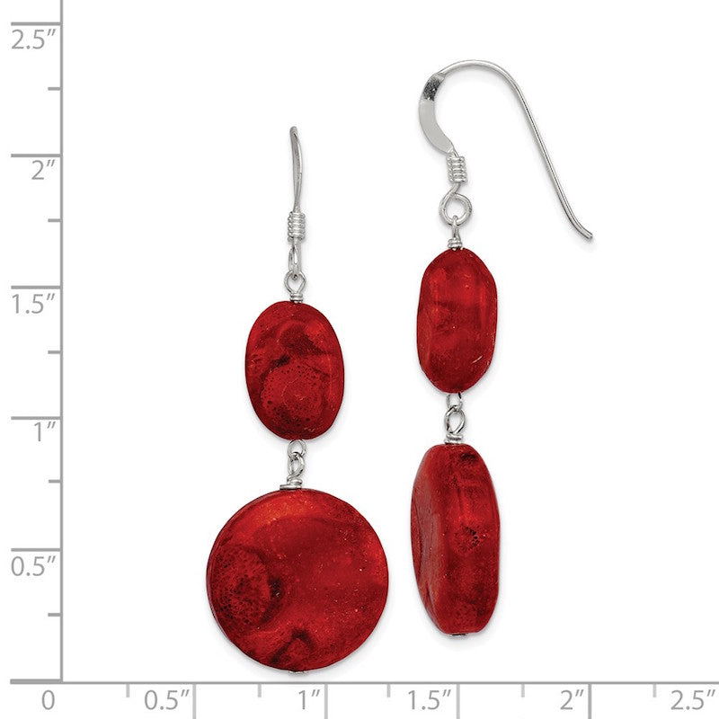 Quality Gold Sterling Silver Reconstituted Red Coral Dangle Earrings