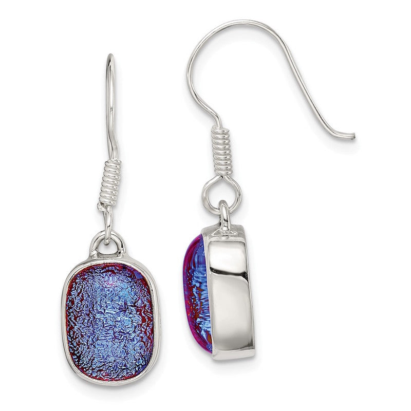 Quality Gold Sterling Silver Blue Dichroic Glass Dangle Earrings