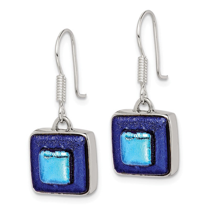 Quality Gold Sterling Silver Blue Dichroic Glass Square Shaped Dangle Earrings