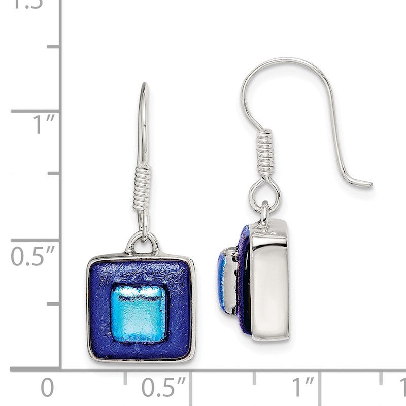 Quality Gold Sterling Silver Blue Dichroic Glass Square Shaped Dangle Earrings