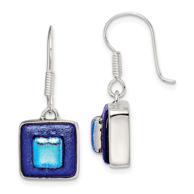 Quality Gold Sterling Silver Blue Dichroic Glass Square Shaped Dangle Earrings