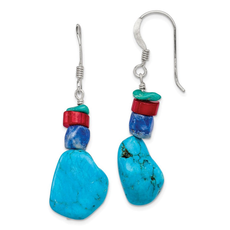 Quality Gold Sterling Silver Red Coral Howlite Lapis & Turquoise Dangle Earrings