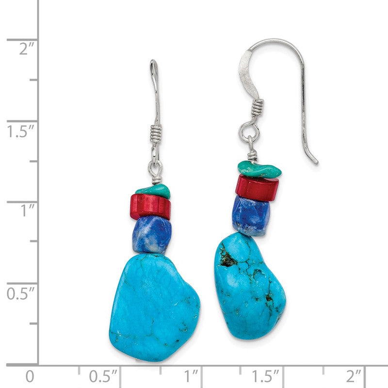 Quality Gold Sterling Silver Red Coral Howlite Lapis & Turquoise Dangle Earrings