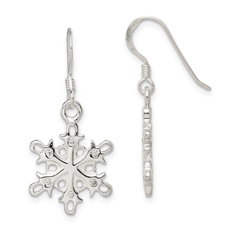 Quality Gold Sterling Silver Polished & Satin CZ Snowflake Dangle Earrings