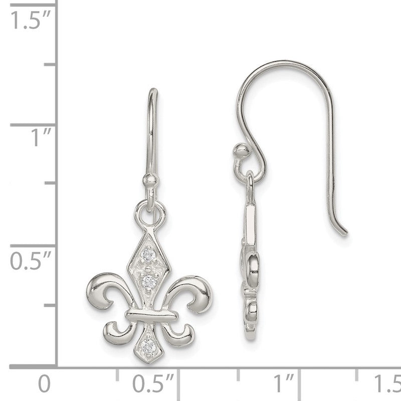 Quality Gold Sterling Silver White CZ Accented Fleur de Lis Dangle Earrings