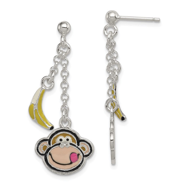 Quality Gold Sterling Silver Enameled Monkey Face & Banana Dangle Post Earrings