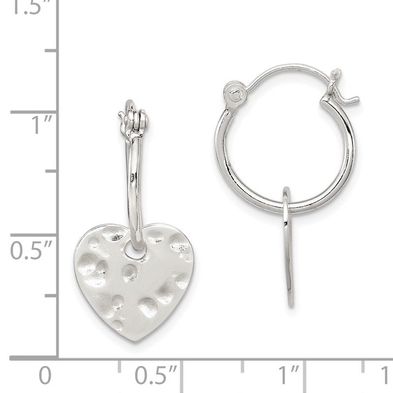 Quality Gold Sterling Silver Polished & Hammered Heart Dangle Hoop Earrings