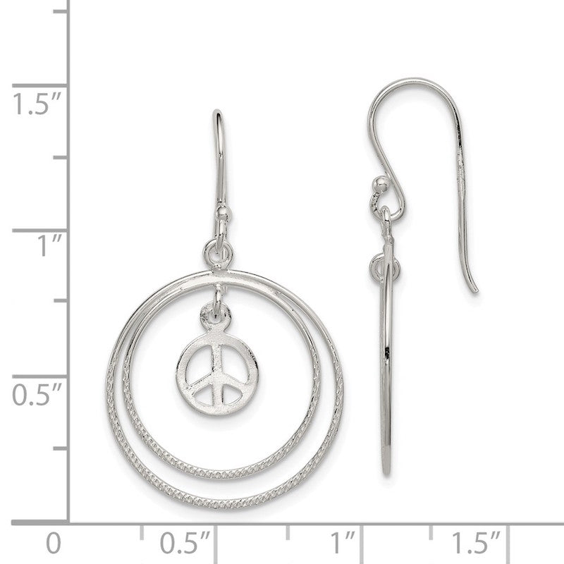 Quality Gold Sterling Silver Double Circles Small Peace Symbol Dangle Earrings