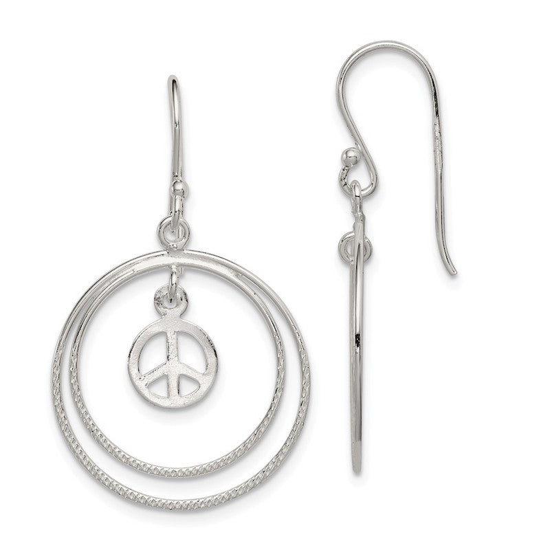 Quality Gold Sterling Silver Double Circles Small Peace Symbol Dangle Earrings