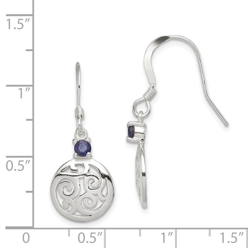 Quality Gold Sterling Silver & Iolite Round Polished Filigree Dangle Earrings